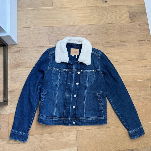Paige Rowan Jacket Shearling Collar Dark Denim Jacket Jamee Distressed -Small - Picture 9 of 13